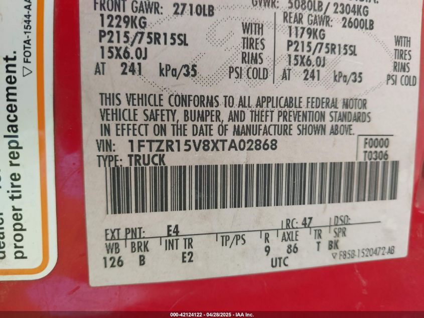 1999 Ford Ranger Super Cab VIN: 1FTZR15V8XTA02868 Lot: 42124122