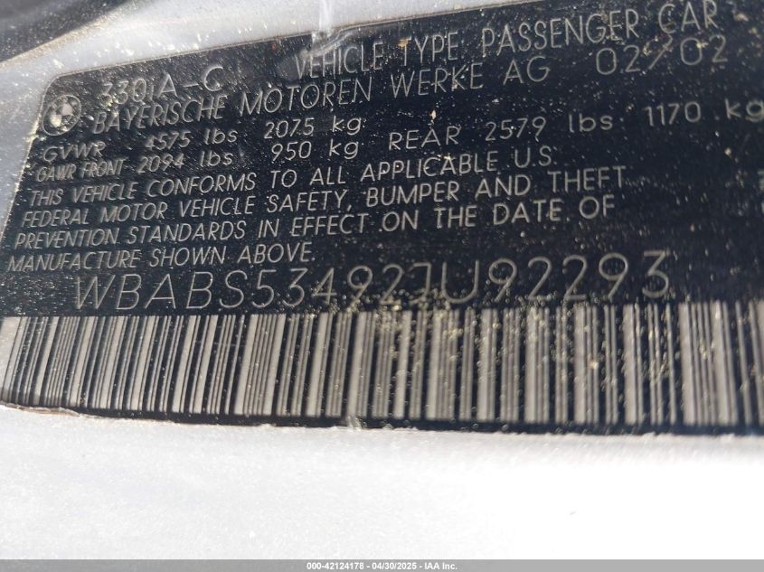 2002 BMW 330Ci VIN: WBABS53492JU922DF Lot: 42124178