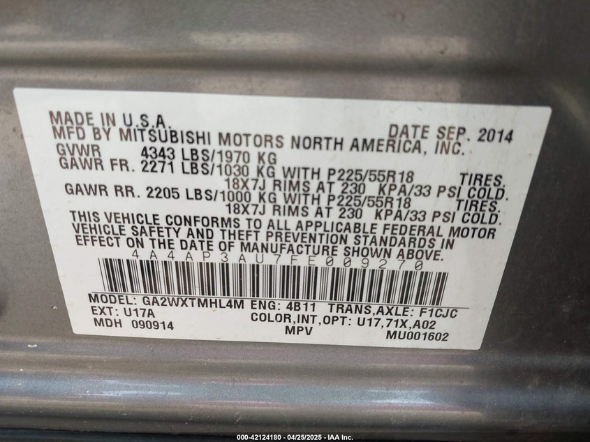 2015 MITSUBISHI OUTLANDER SPORT VIN: 4A4AP3AU7FE009270