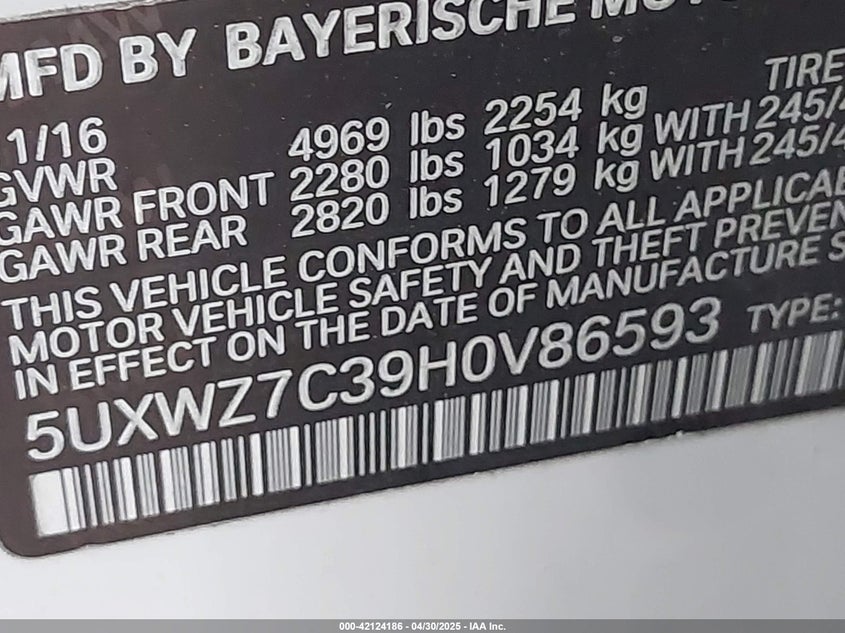 2017 BMW X3 Sdrive28I VIN: 5UXWZ7C39H0V86593 Lot: 42124186