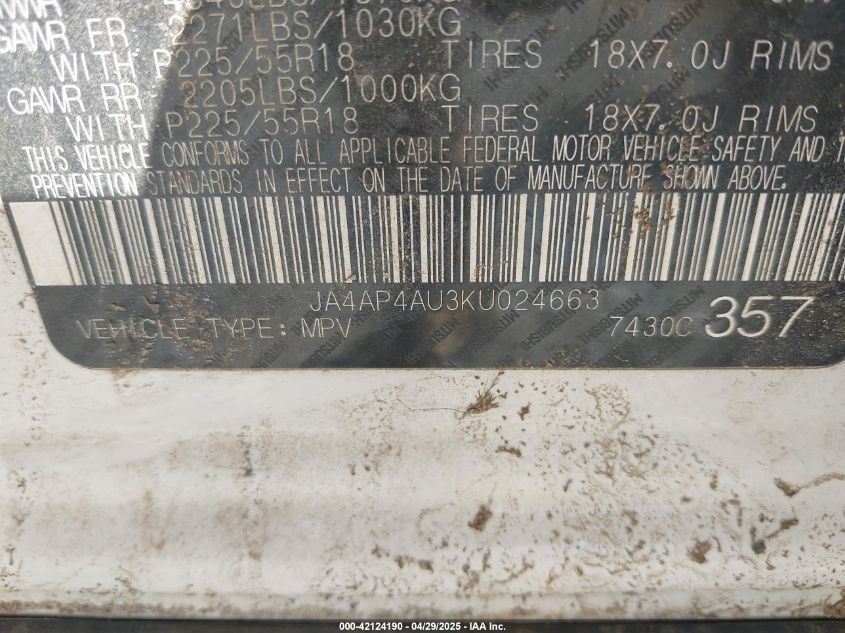 2019 Mitsubishi Outlander Sport VIN: JA4AP4AJ3KU024663 Lot: 42124190