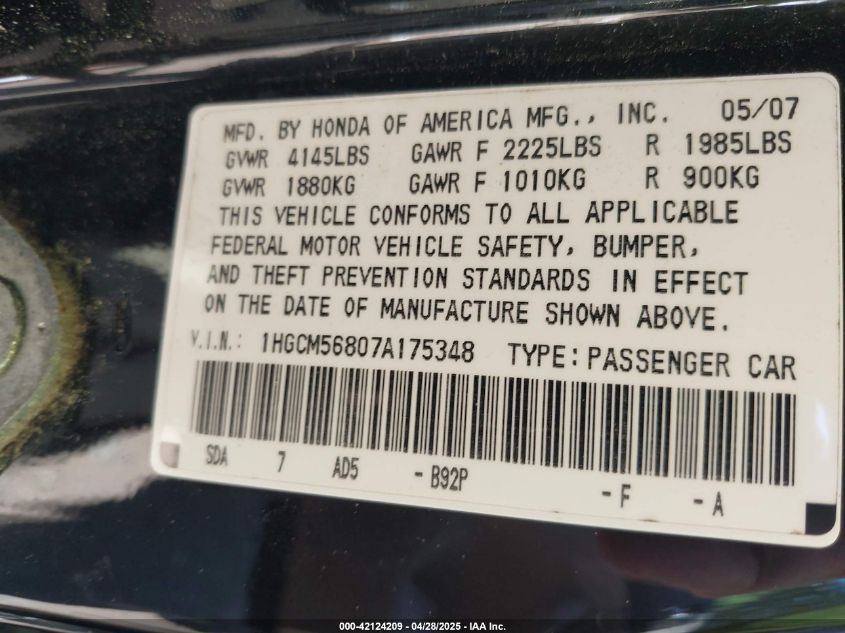 2007 Honda Accord 2.4 Ex VIN: 1HGCM56807A175348 Lot: 42124209