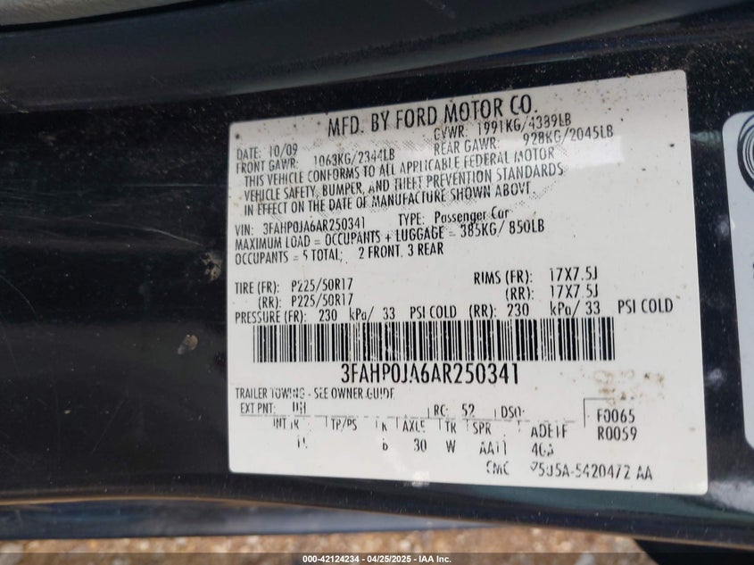 2010 FORD FUSION VIN: 3FAHP0JA6AR250341