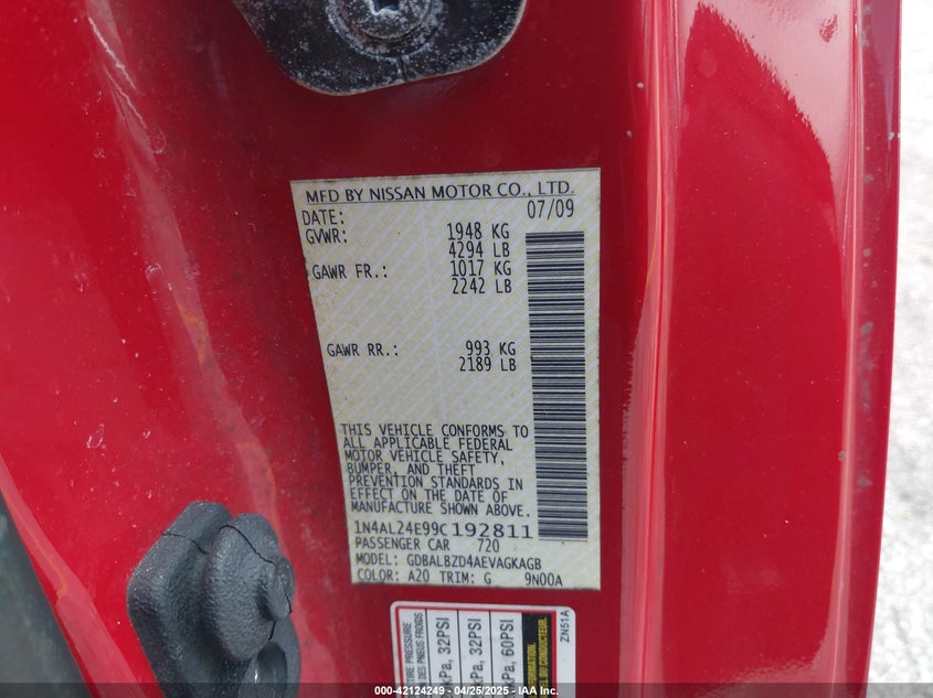 2009 NISSAN ALTIMA VIN: 1N4AL24E99C192811