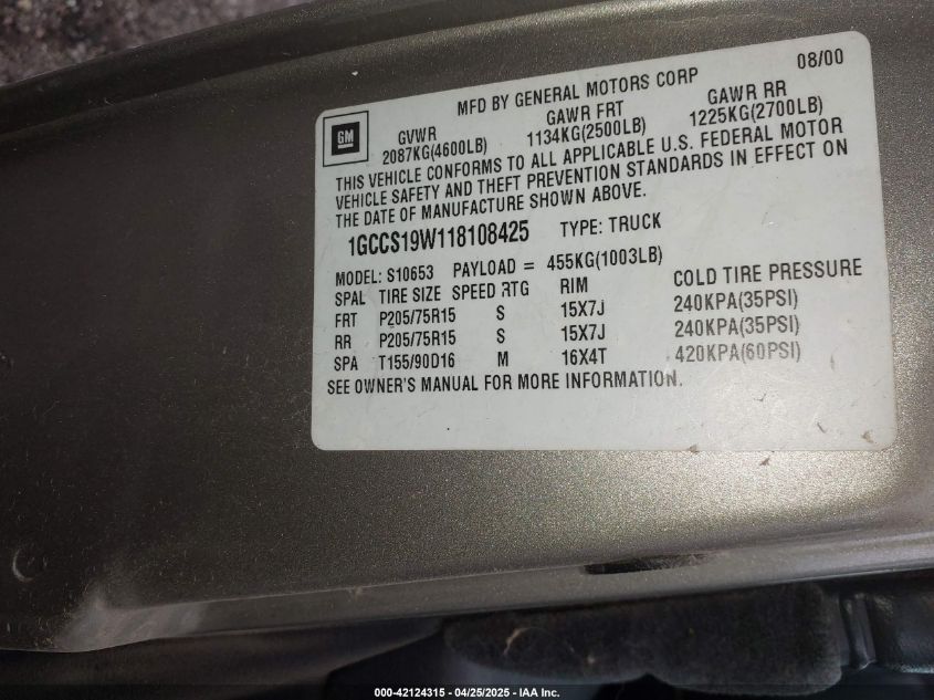 2001 Chevrolet S-10 Ls VIN: 1GCCS19W118108425 Lot: 42124315