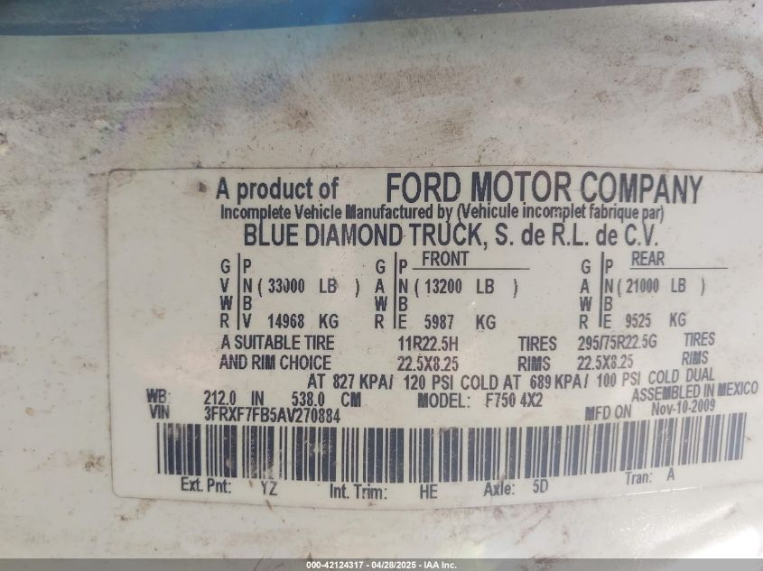 2010 Ford F-750 Xl/Xlt VIN: 3FRXF7FB5AV270884 Lot: 42124317