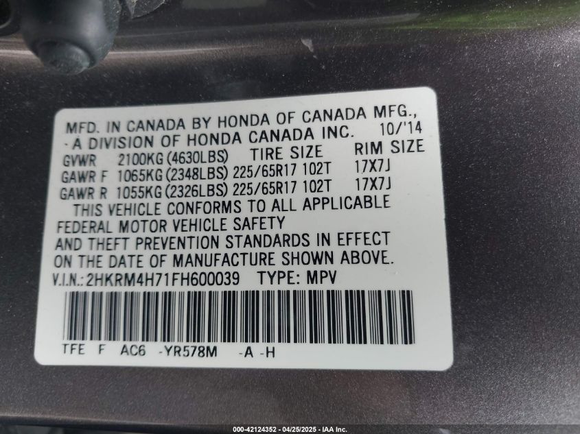 2015 Honda Cr-V Ex-L VIN: 2HKRM4H71FH600039 Lot: 42124352