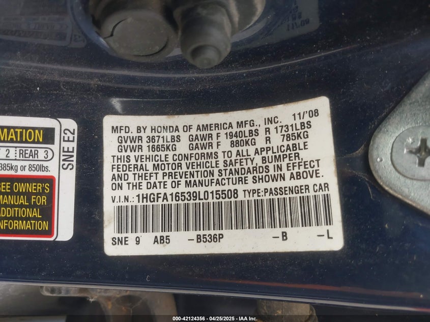 2009 HONDA CIVIC VIN: 1HGFA16539L015508