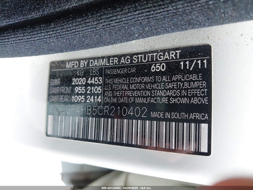 2012 MERCEDES-BENZ C 250 VIN: WDDGF4HB5CR210402