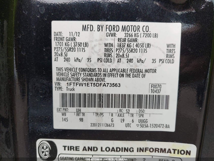 2013 FORD F-150 VIN: 1FTFW1ET5DFA73563