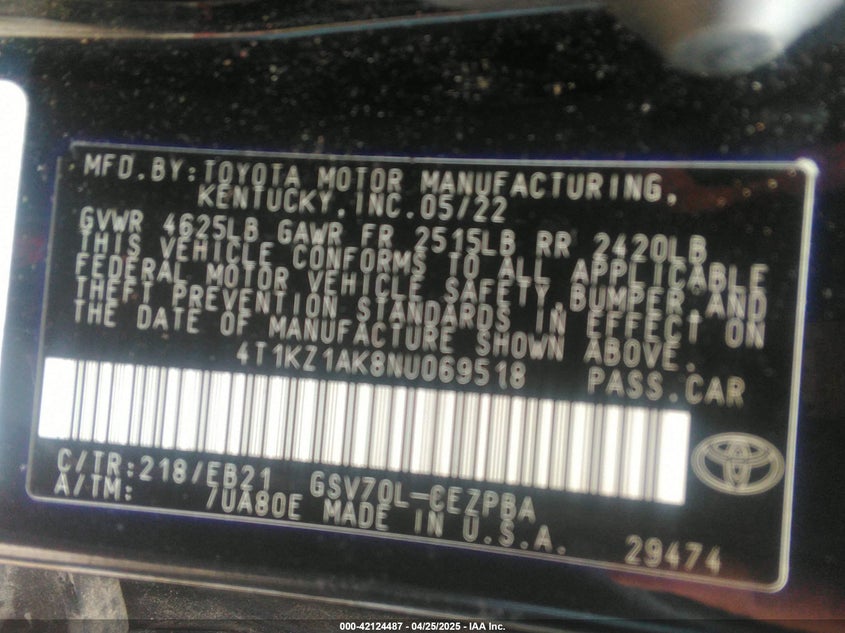 2022 TOYOTA CAMRY VIN: 4T1KZ1AK8NU069518