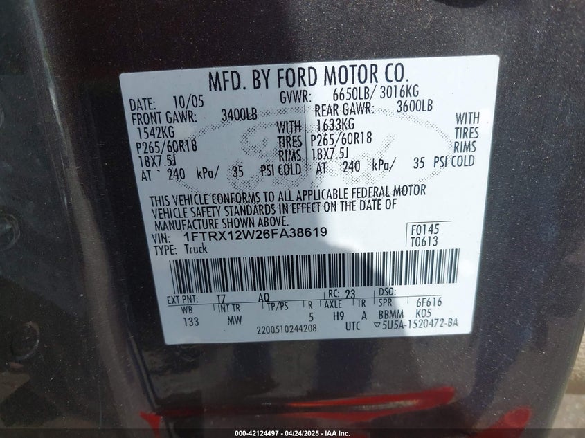 2006 FORD F-150 VIN: 1FTRX12W26FA38619