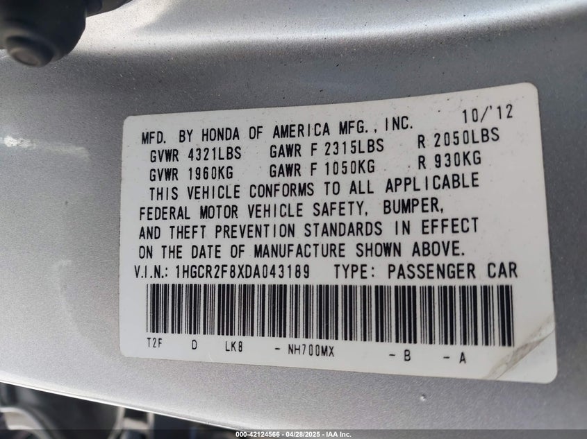 2013 HONDA ACCORD VIN: 1HGCR2F8XDA043189