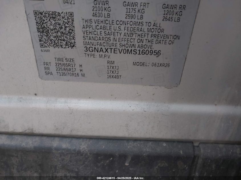 2021 Chevrolet Equinox Awd 2Fl VIN: 3GNAXTEV0MS160956 Lot: 42124615