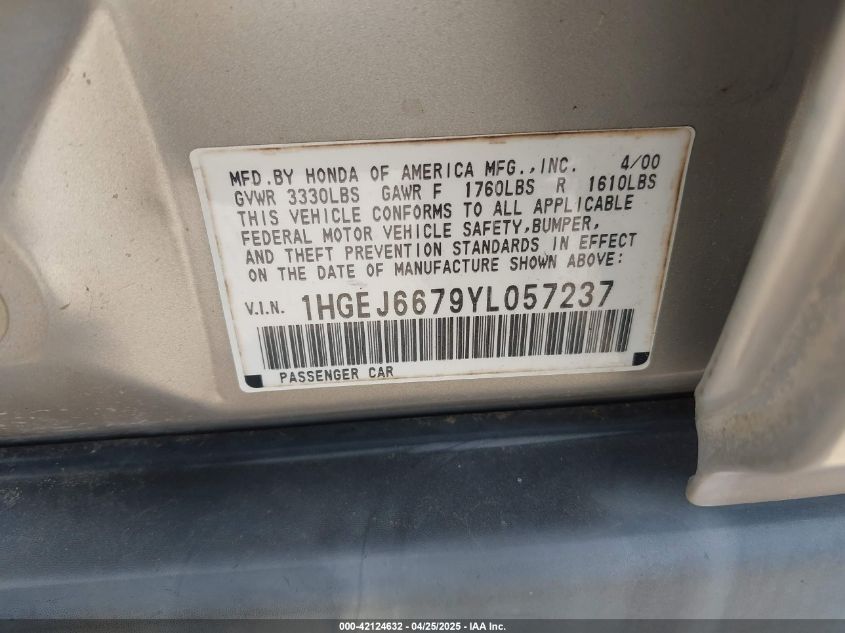 2000 Honda Civic Lx VIN: 1HGEJ6679YL057237 Lot: 42124632