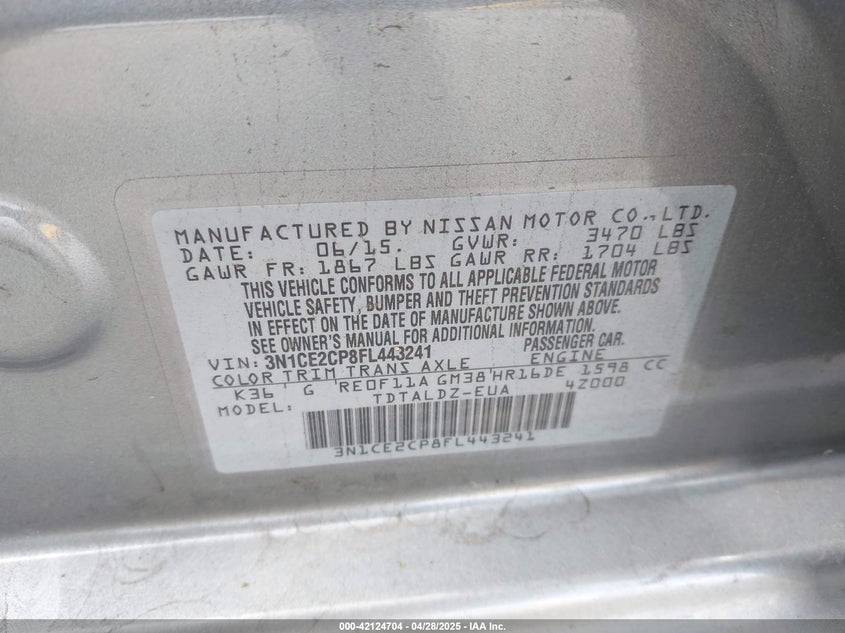 2015 NISSAN VERSA NOTE VIN: 3N1CE2CP8FL443241