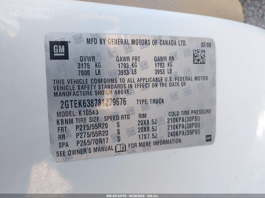 2008 GMC Sierra 1500 Denali VIN: 2GTEK638481274676 Lot: 42124705