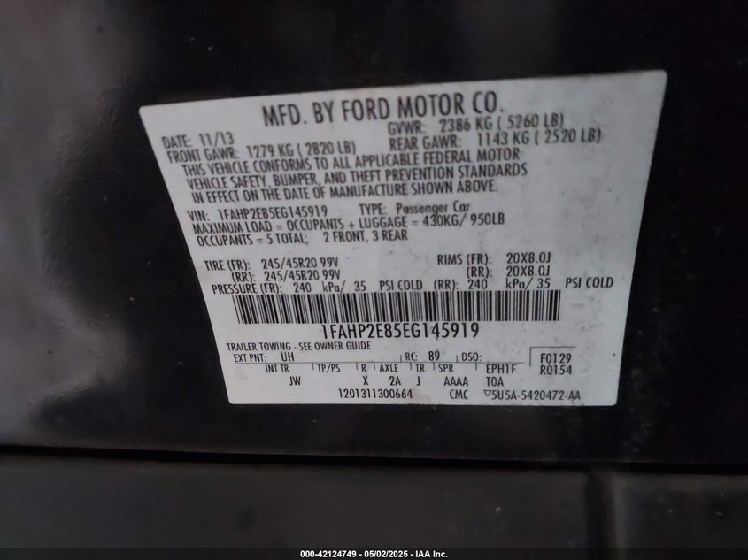 2014 FORD TAURUS VIN: 1FAHP2E85EG145919
