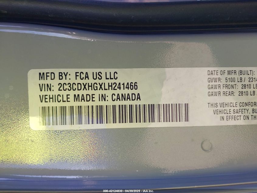 2020 Dodge Charger Gt Rwd VIN: 2C3CDXHGXLH241466 Lot: 42124830