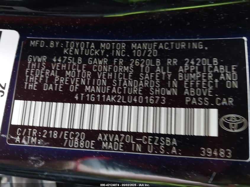 2020 TOYOTA CAMRY VIN: 4T1G11AK2LU401673
