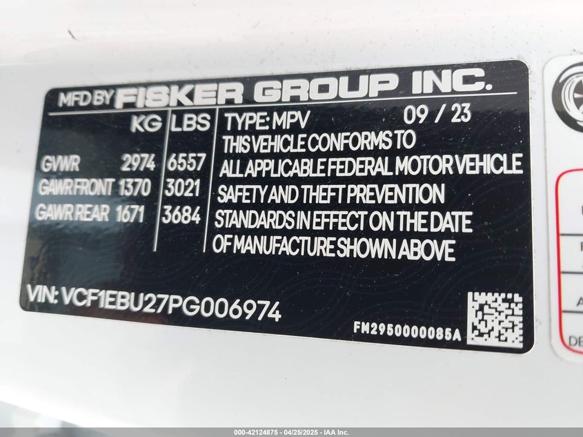 VIN VCF1EBU27PG006974 2023 FISKER OCEAN EXTREME