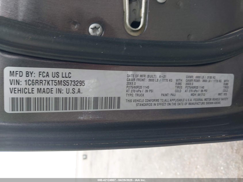 2021 RAM 1500 CLASSIC VIN: 1C6RR7KT5MS573295