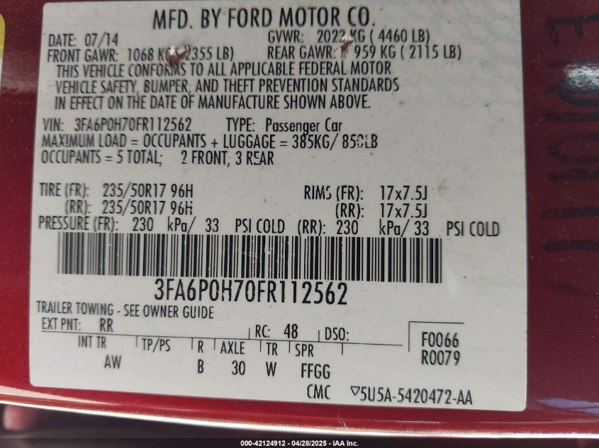 2015 Ford Fusion Se VIN: 3FA6P0H70FR112562 Lot: 42124912