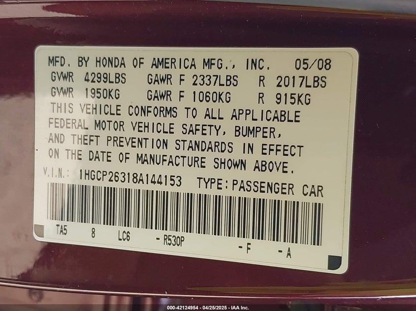 2008 HONDA ACCORD VIN: 1HGCP26318A144153