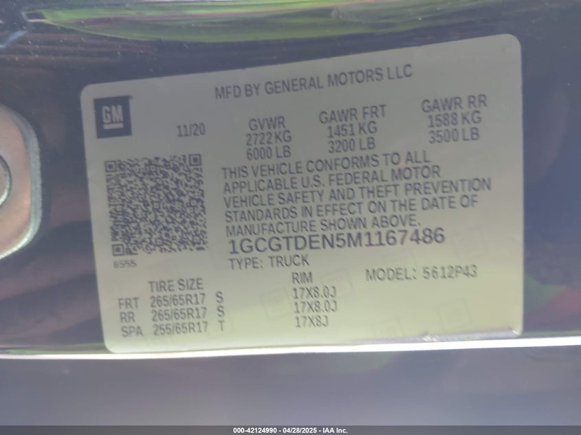 2021 CHEVROLET COLORADO VIN: 1GCGTDEN5M1167486
