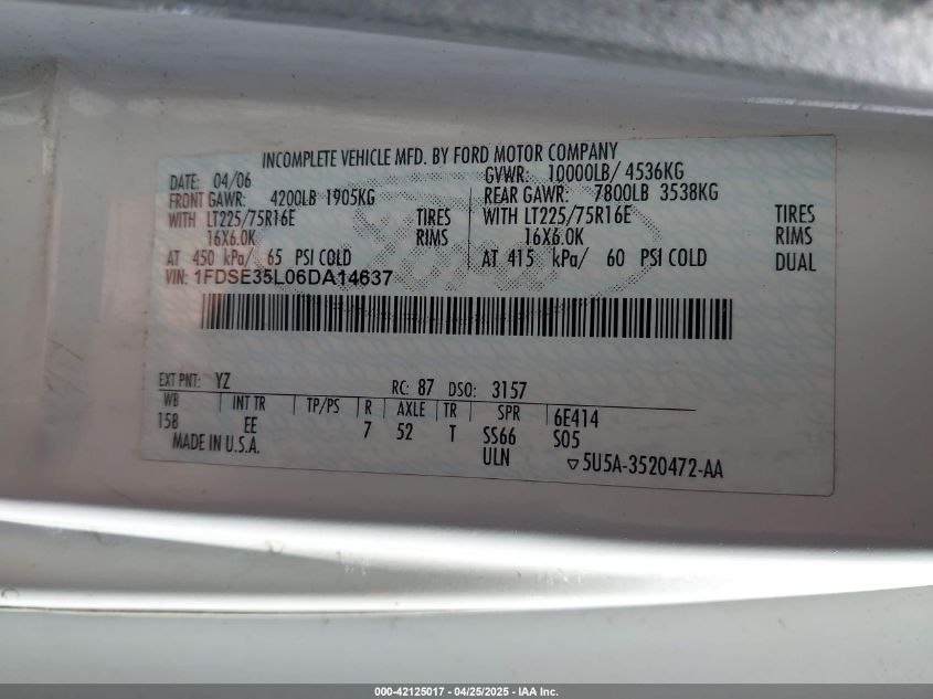 2006 Ford E-350 Cutaway VIN: 1FDSE35L06DA14637 Lot: 42125017