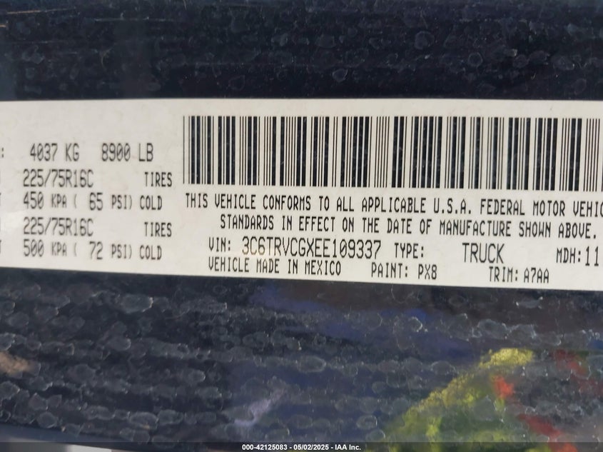 2014 Ram Promaster 2500 High Roof VIN: 3C6TRVCGXEE109337 Lot: 42125083