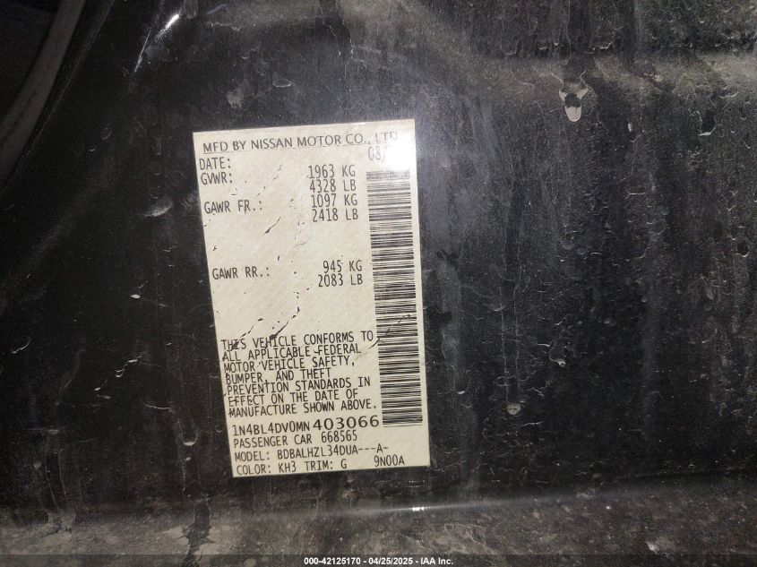 2021 Nissan Altima Sv Fwd VIN: 1N4BL4DV0MN403066 Lot: 42125170