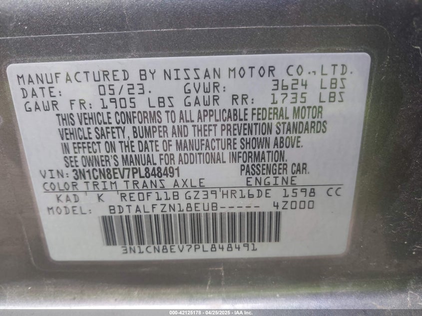 2023 NISSAN VERSA VIN: 3N1CN8EV7PL848491