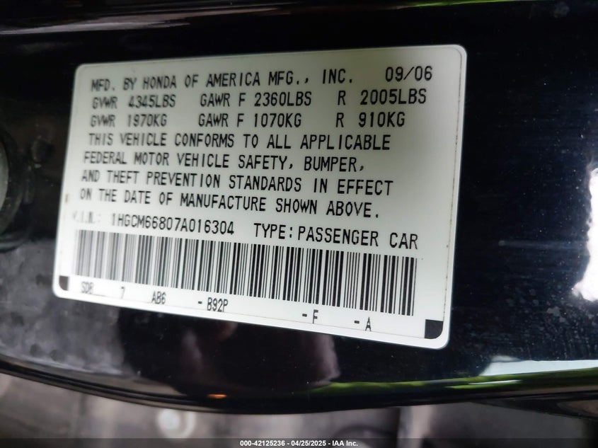 2007 HONDA ACCORD VIN: 1HGCM66807A016304