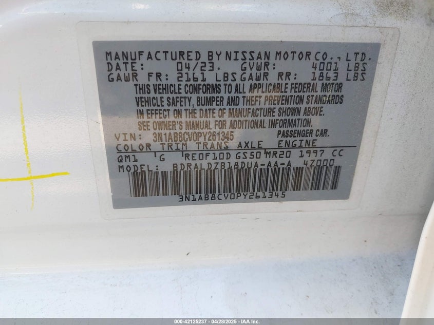 2023 NISSAN SENTRA VIN: 3N1AB8CV0PY261345