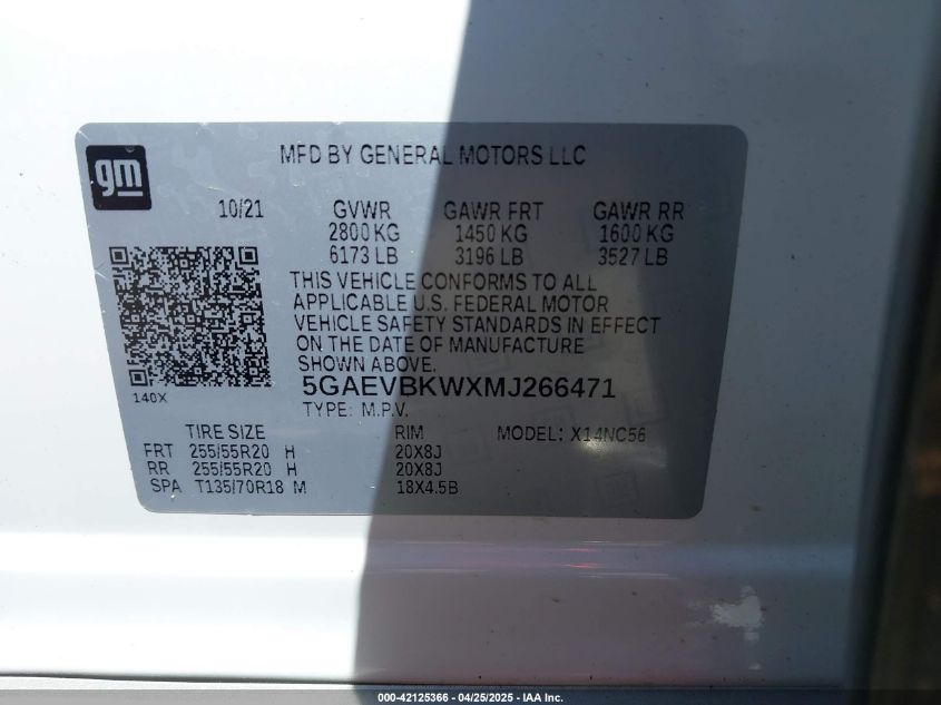 2021 Buick Enclave Awd Premium VIN: 5GAEVBKWXMJ266471 Lot: 42125366