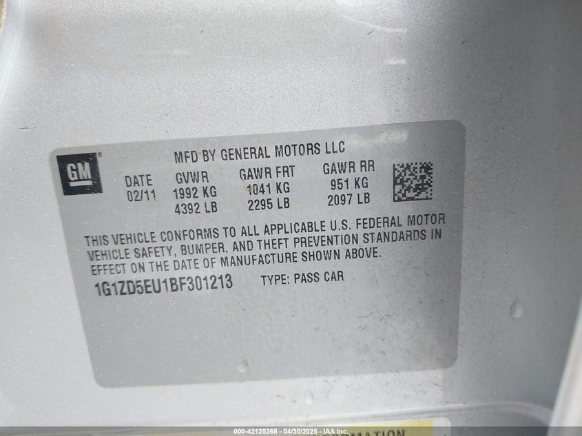 2011 CHEVROLET MALIBU VIN: 1G1ZD5EU1BF301213