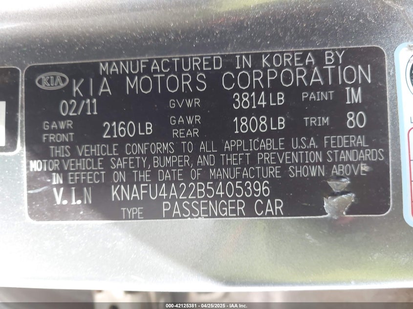 2011 KIA FORTE VIN: KNAFU4A22B5405396