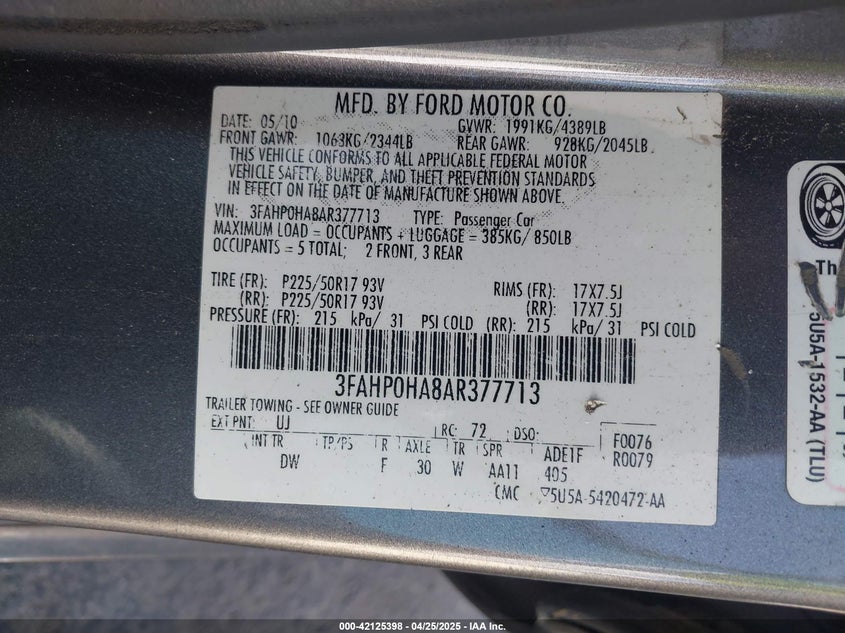 2010 FORD FUSION VIN: 3FAHP0HA8AR377713