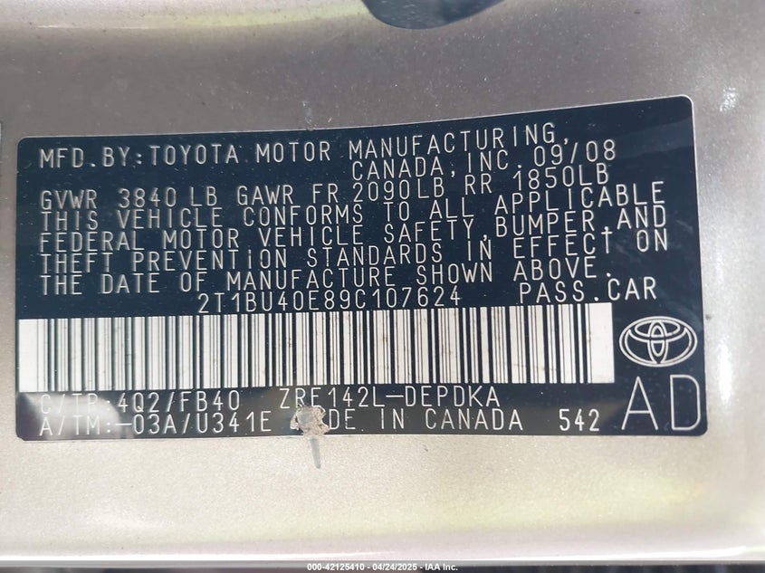 2009 TOYOTA COROLLA VIN: 2T1BU40E89C107624