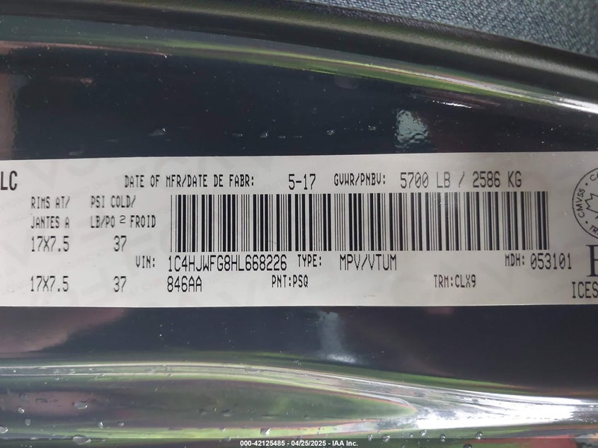 2017 JEEP WRANGLER UNLIMITED VIN: 1C4HJWFG8HL668226
