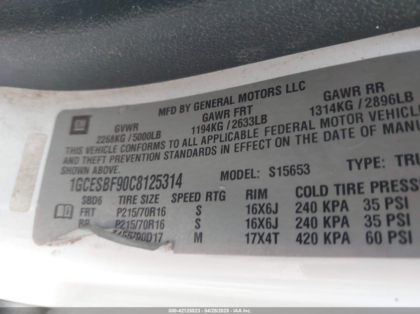 2012 CHEVROLET COLORADO VIN: 1GCESBF90C8125314