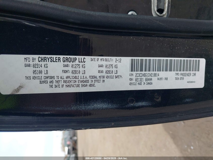 2012 DODGE CHARGER VIN: 2C3CDXBG1CH218814