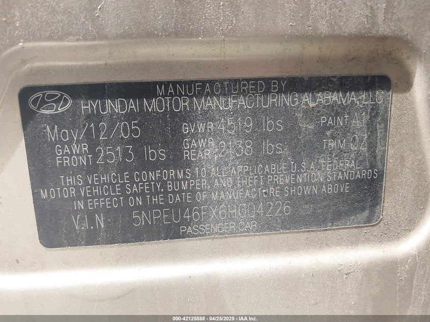 2006 HYUNDAI SONATA VIN: 5NPEU46FX6H004226