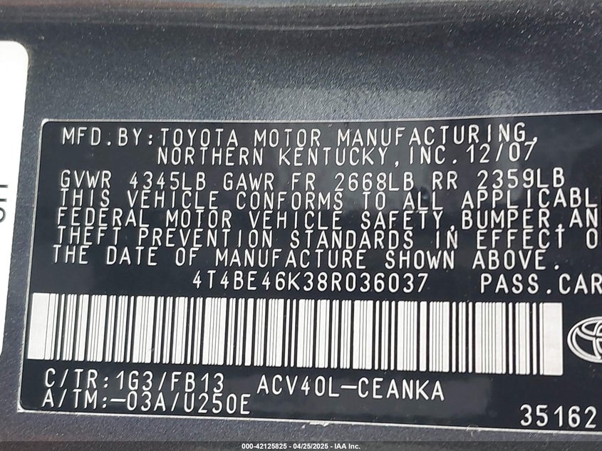 2008 TOYOTA CAMRY VIN: 4T4BE46K38R036037