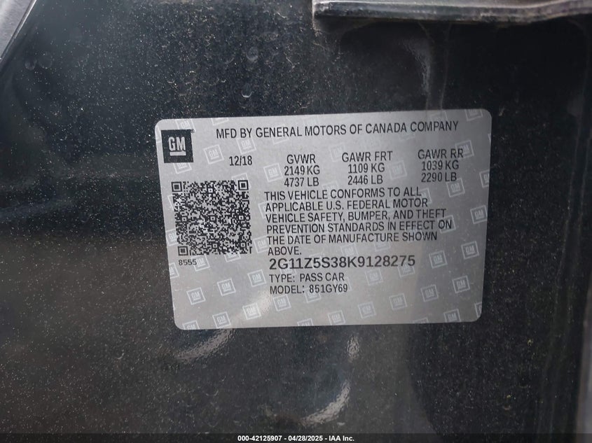 2019 CHEVROLET IMPALA VIN: 2G11Z5S38K9128275