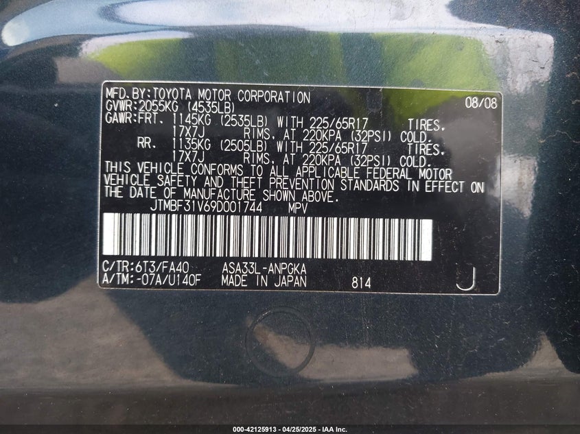2009 TOYOTA RAV4 VIN: JTMBF31V69D001744