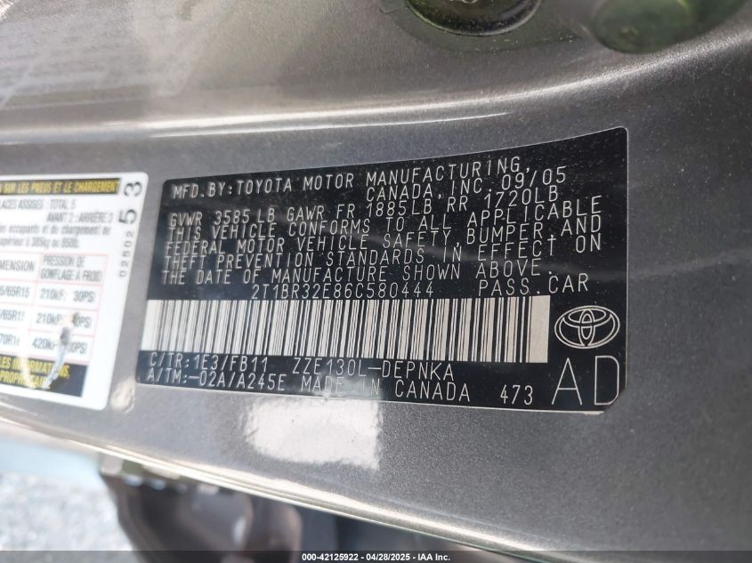 2006 Toyota Corolla Le VIN: 2T1BR32E86C580444 Lot: 42125922