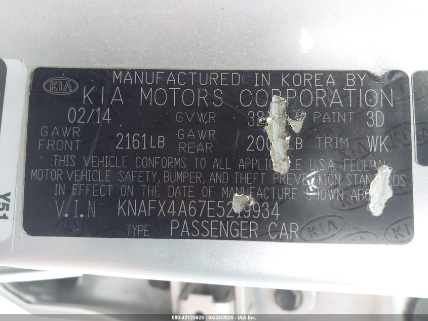 2014 KIA FORTE VIN: KNAFX4A67E5219934