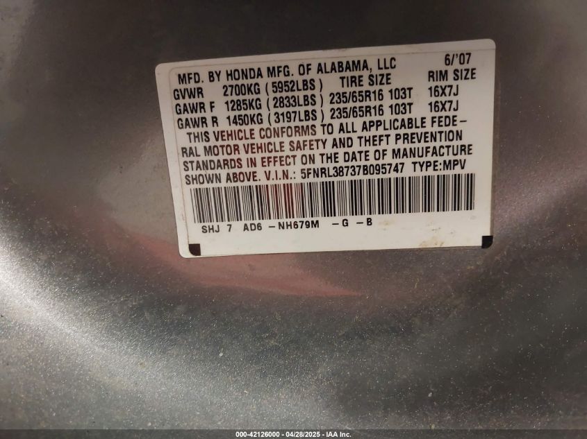 2007 Honda Odyssey Ex-L VIN: 5FNRL38737B095747 Lot: 42126000